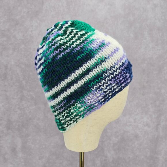 Green Purple Crochet Knit Bucket Cap Hat Fun VTG Y2K Funky Beanie - Picture 1 of 4